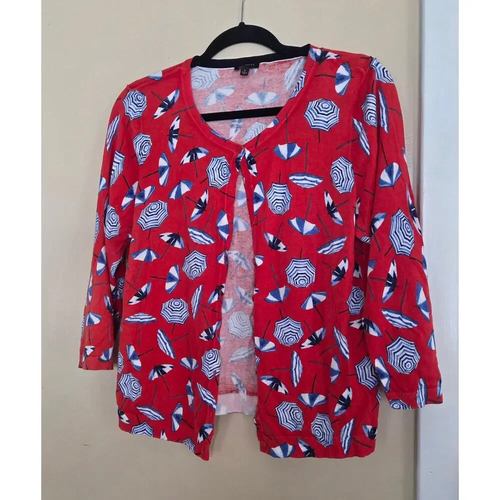Talbots Beach Umbrella Print Cardigan Sweater Womens Large Red Blue Button Front
